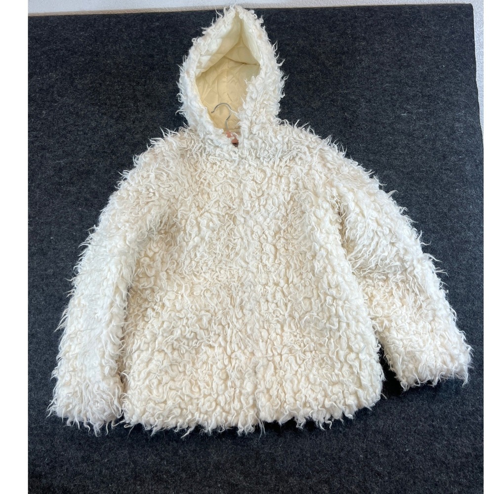 VINTAGE 70s Deep Pile Jacket Womens Medium Cream Shaggy Quilted Rainbow Outdoors
